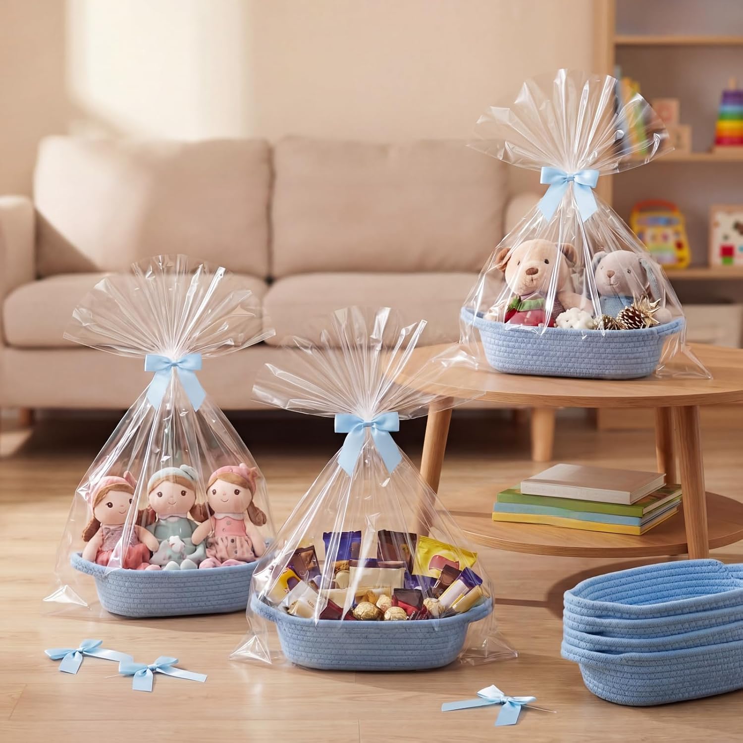 Blue 12 Set Small Woven Gift Basket with Gift Bags Ribbons Empty Gifts Baskets Woven Rope Storage Basket with Handles for Birthday Baby Shower Nursery Toy Organizer 9.1"x 5.1" x 2.8"
