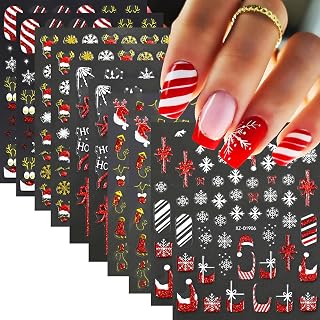 Christmas Nail Stickers - 10 Sheets 3D Nail Art Decals with Christmas Hat Snowflake Elk Red French Glitter Nail Decals Stickers - DIY Manicure Supplies for Women