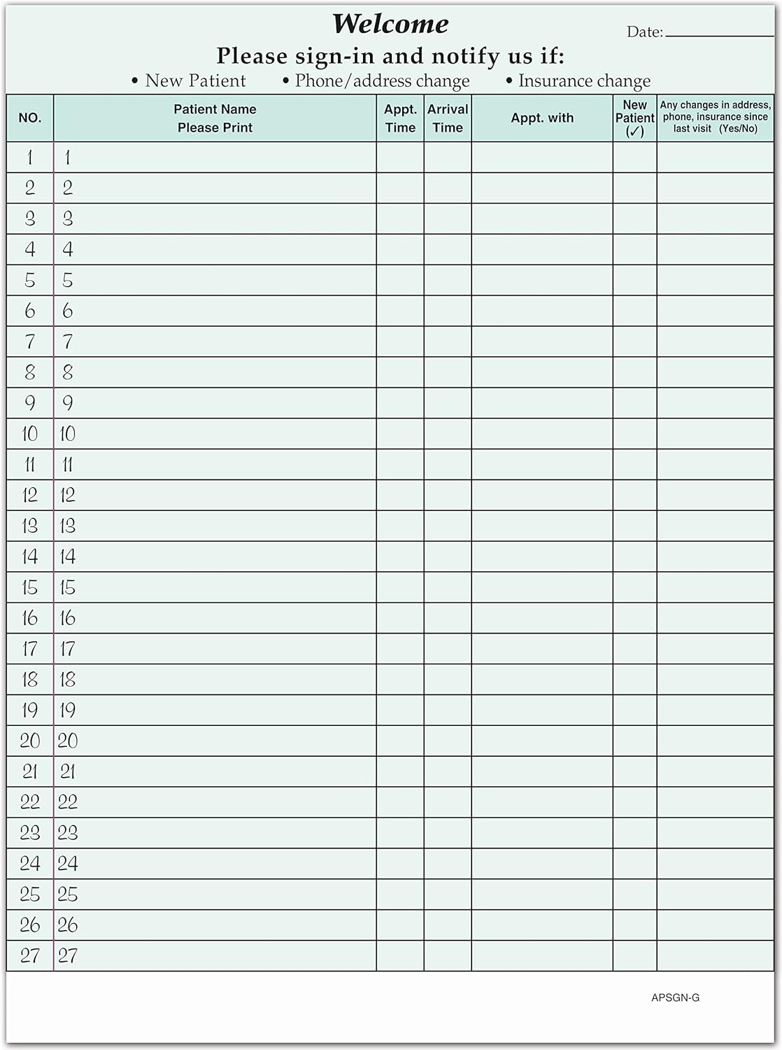 Privacy Patient Sign-in Sheets - 125 Sheets - 27 Positions - Peel-Off Adhesive Labels - HIPAA Compliant - 125 Sign Sheets Per Pack. (Green)