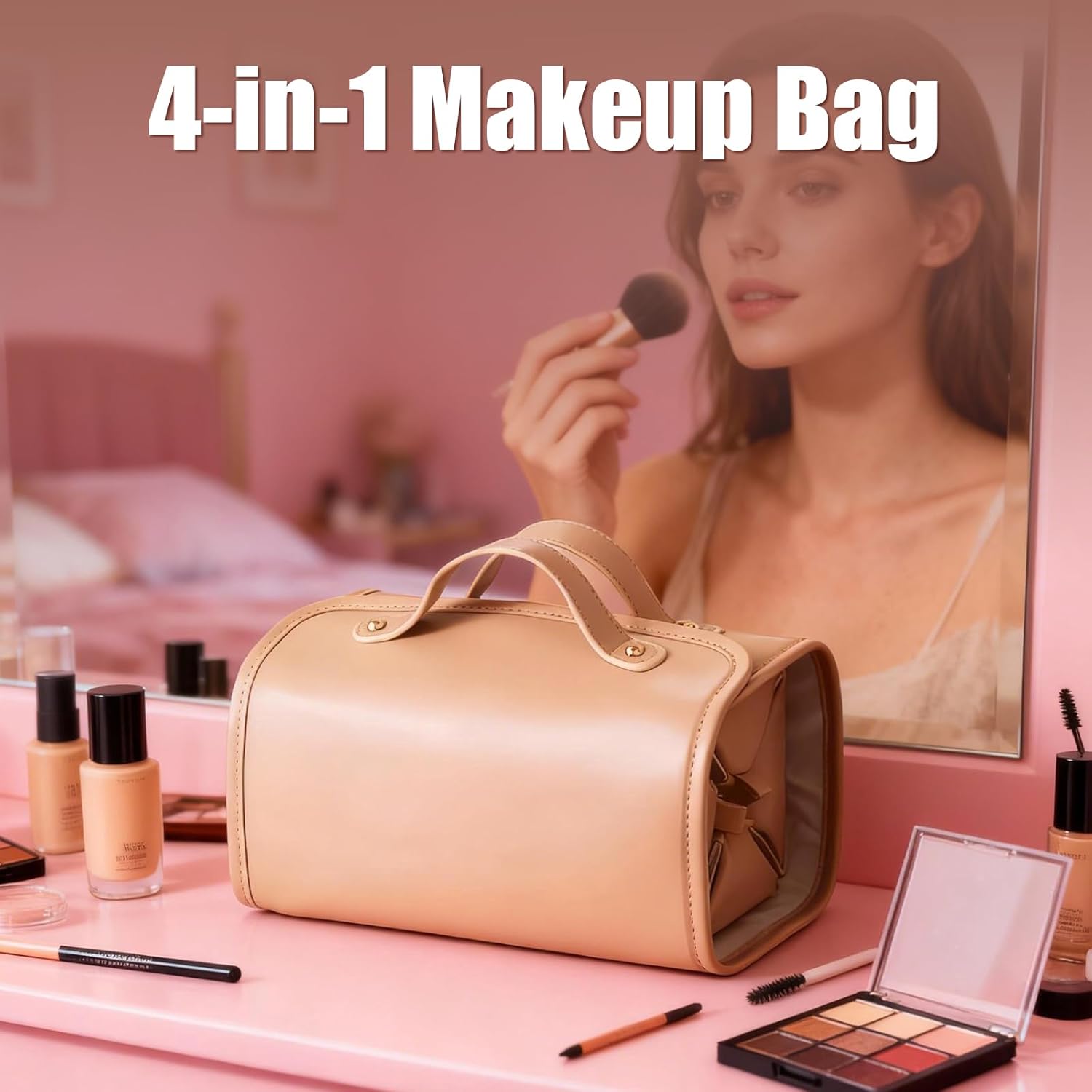 Large Expandable Makeup Bag, 4-in-1 Waterproof Makeup bag, Cosmetic Bag with Detachable Interior Pockets, Ideal for Women Travel Essentials(Brown) - Image 6