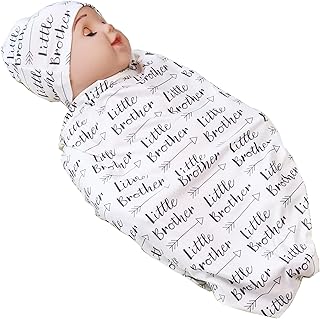 Newborn Swaddle Blanket with Beanie Set,Soft Stretchy Blanket for 0-3 Months Baby Boys and Girls (Brother)