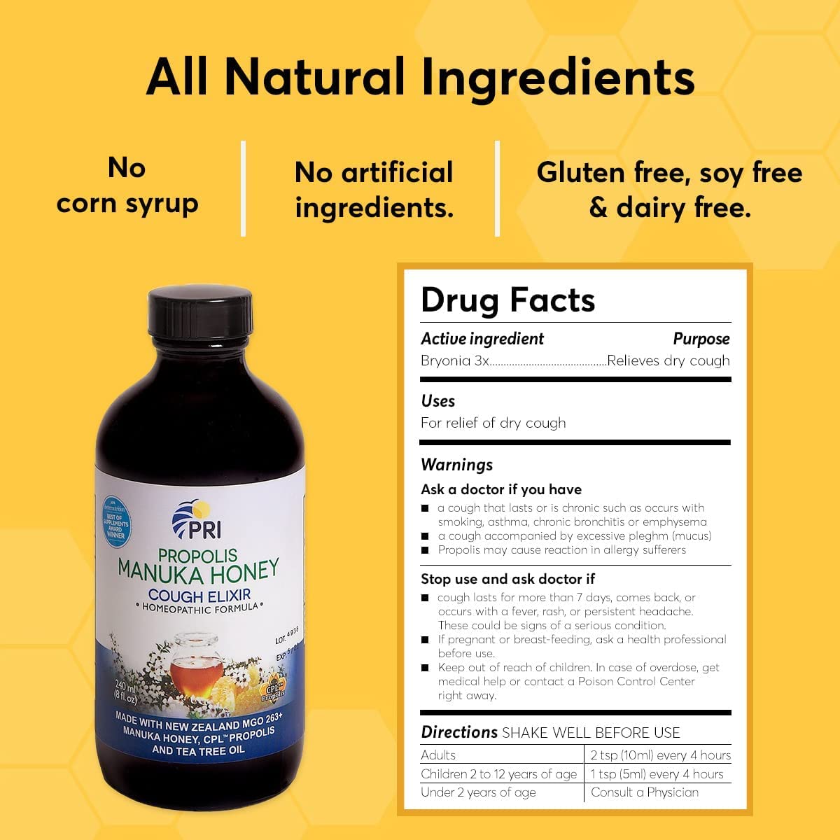 Buy PRI Natural Dry Cough Syrup with Manuka Honey, Propolis, Tea Tree Oil and Vitamin C Sore