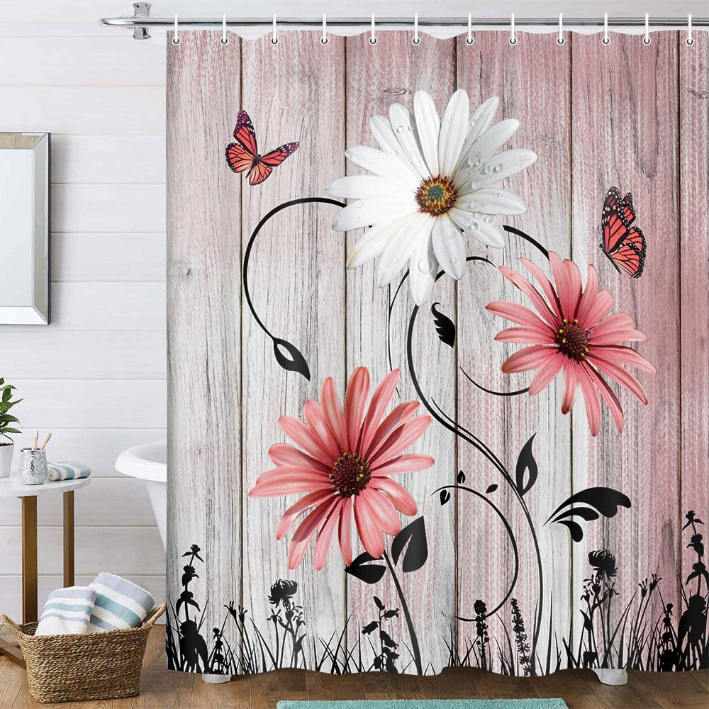 Rustic Farmhouse Floral Shower Curtain, Farm Teal Daisy Floral Butterfly Old Plank Rustic Shower Curtain, Turquoise Blue Fabric Bathroom Accessory Set with Hooks, 69 x 70, Red image 2