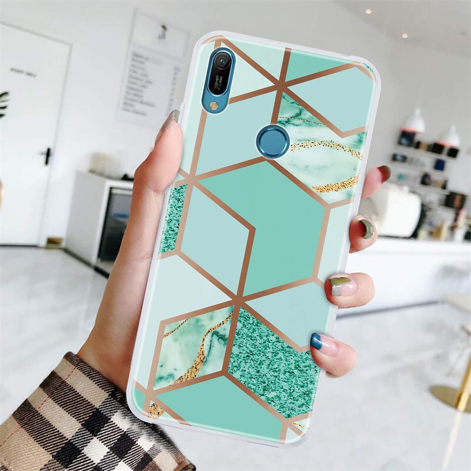 CUAgain Coque Compatible Avec Huawei Y6 2019 / Honor 8A 2020 Silicone Marbre Diamant Motif Drôle Antichoc Bumper Étui Ultra Fine Slim One Piece Kawaii Case Housse Pour Homme Femme Fille Vert
