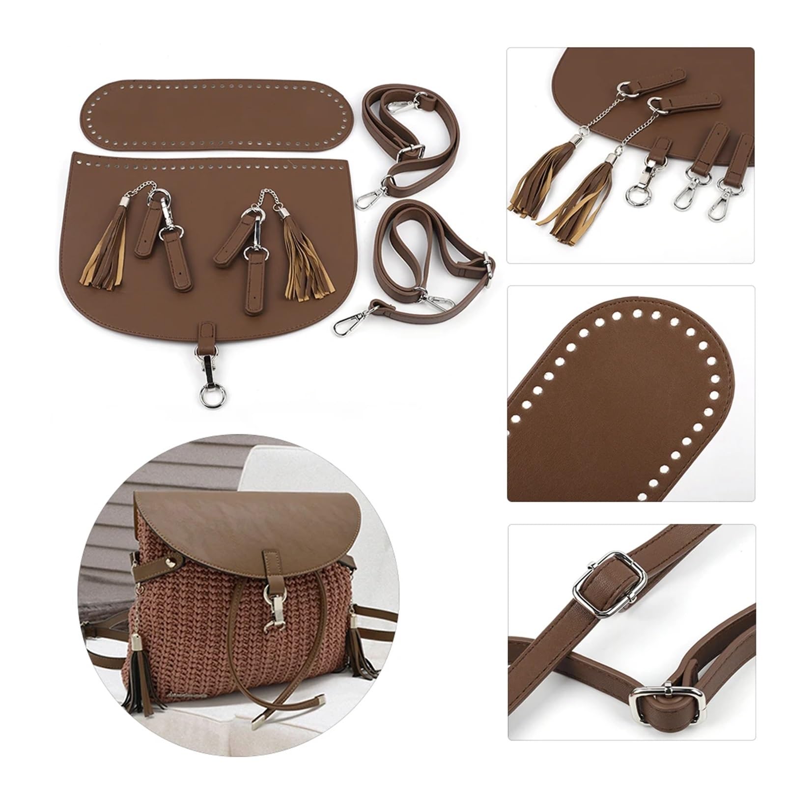 Kit per la creazione di borse in pelle da donna, set di borse a tracolla all'uncinetto, borsa da donna, copertura inferiore con nappa, tracolla regolabile, kit per borse fai da te per borse a tracolla