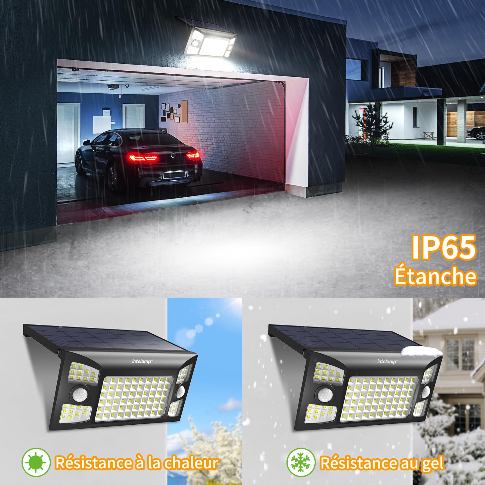 intelamp Lampe Solaire 4000mAh 1300LM 3 Modes Double Capteur Étanche IP65 | Éclairage solaire extérieur haute luminosité, 3 modes lumineux, batterie 4000mAh adapté au jardin, garage et allée
