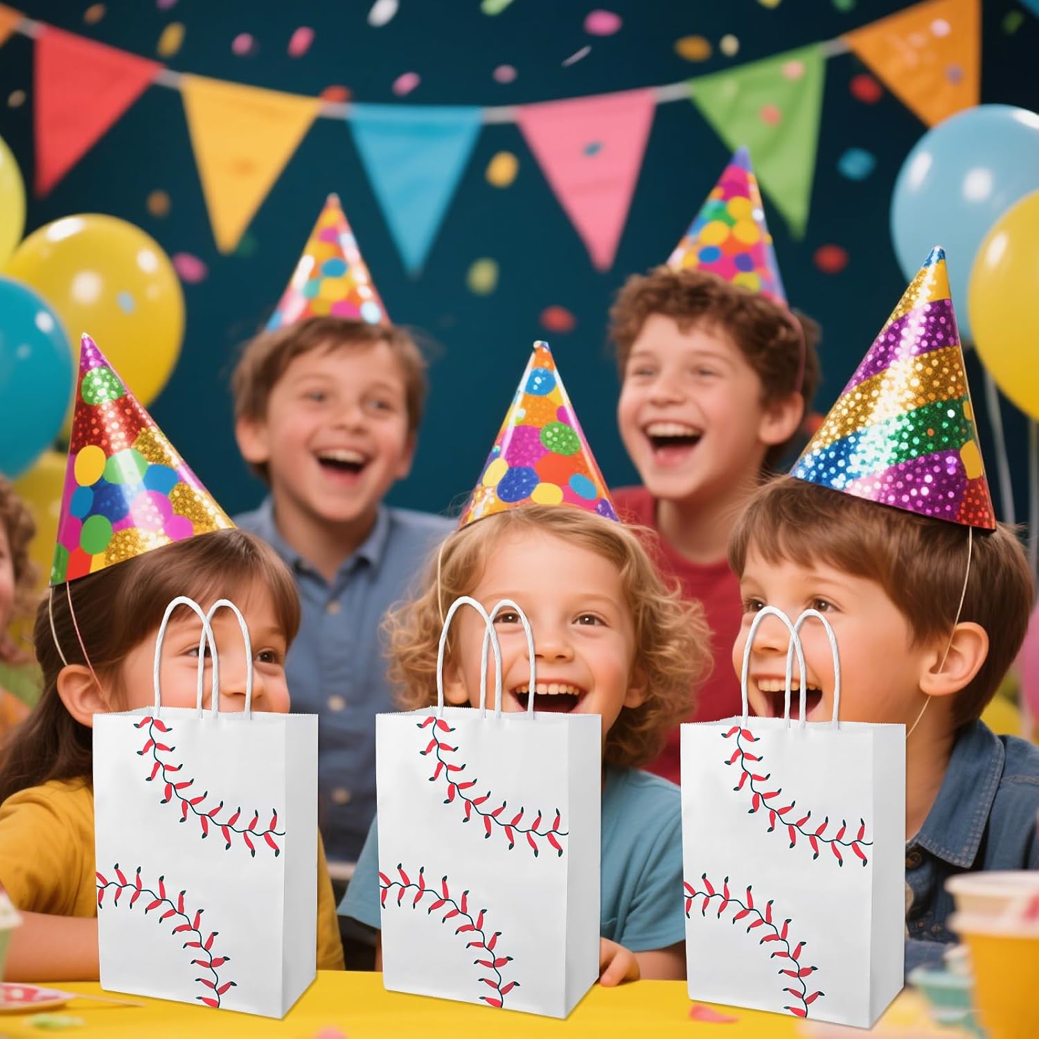 BOXOB 16pcs Baseball Gift Bags, Baseball Pattern Party Gift Candy Bags with Handle Sports Birthday Party Supplies Kraft Paper Decorations for Kids Snacks Candy Present