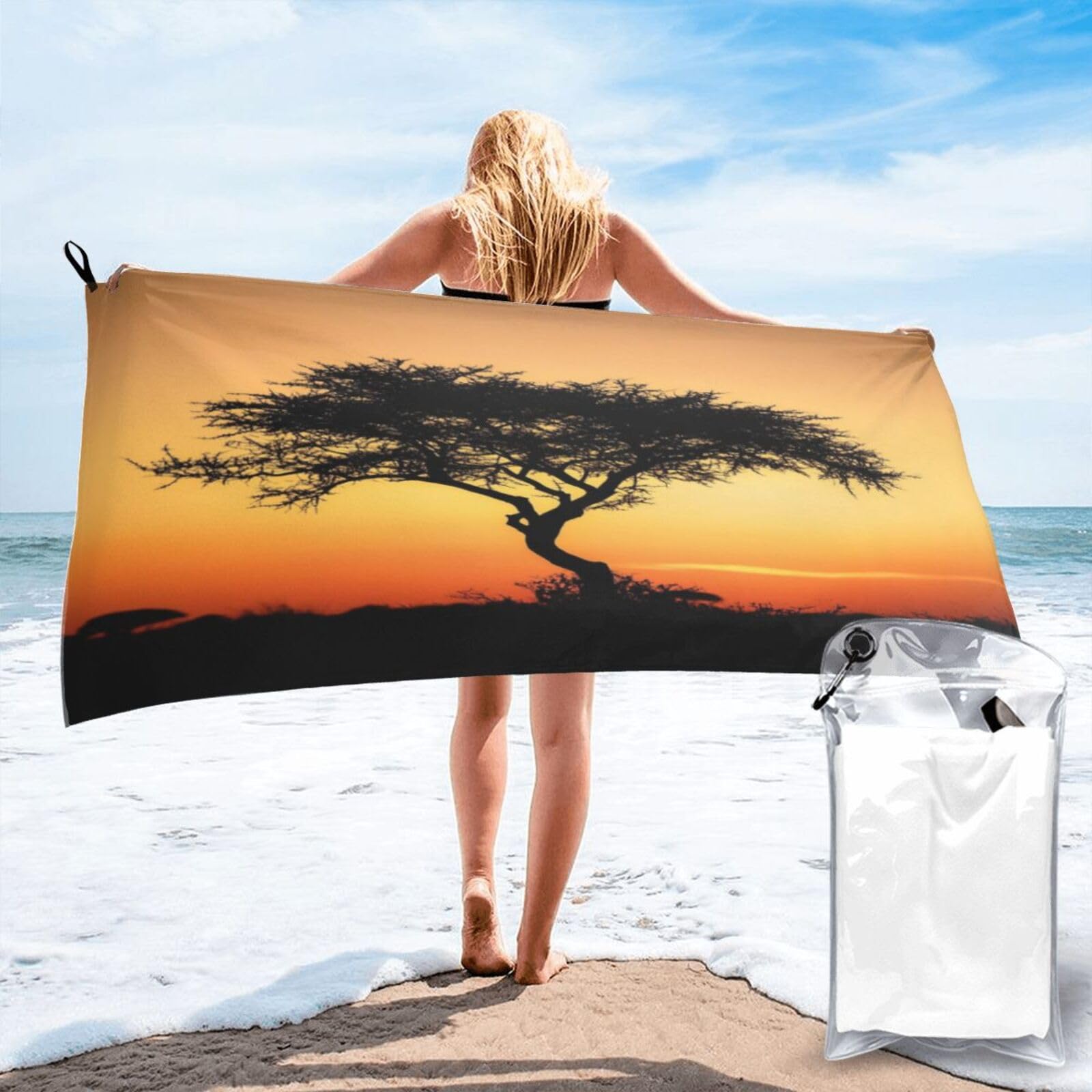 Anceky Silhouetted Acacia Tree At Sunset Quick Dry Microfiber Travel Towel with Carry Case and Carabiner 31.5"X63"