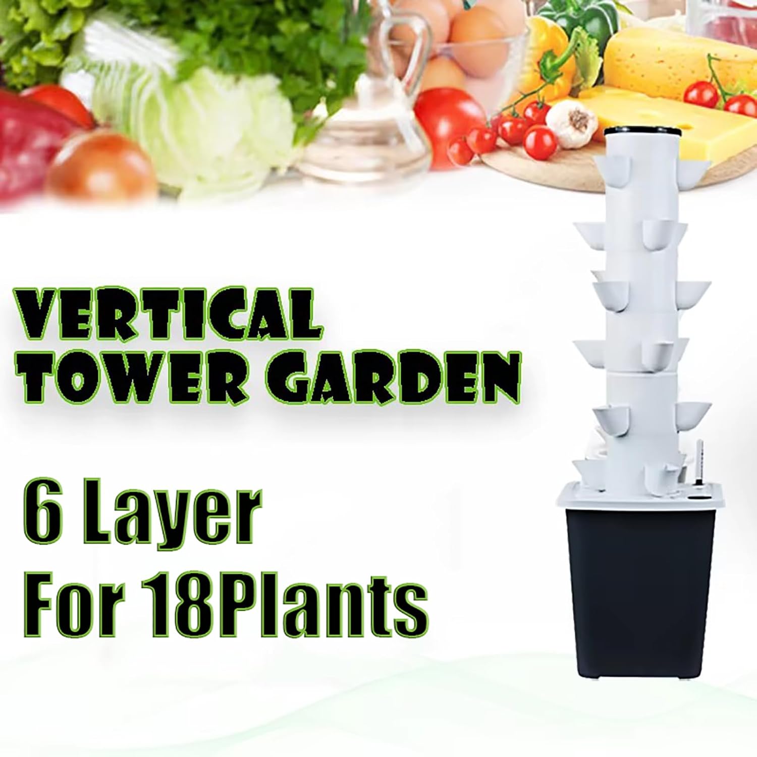 18 Pods Vertical Hydroponic Garden Tower, 6 Tiers Hydroponics Growing System Aeroponic Tower for Growing Lettuce, Tomatoes, Fruits and Vegetables