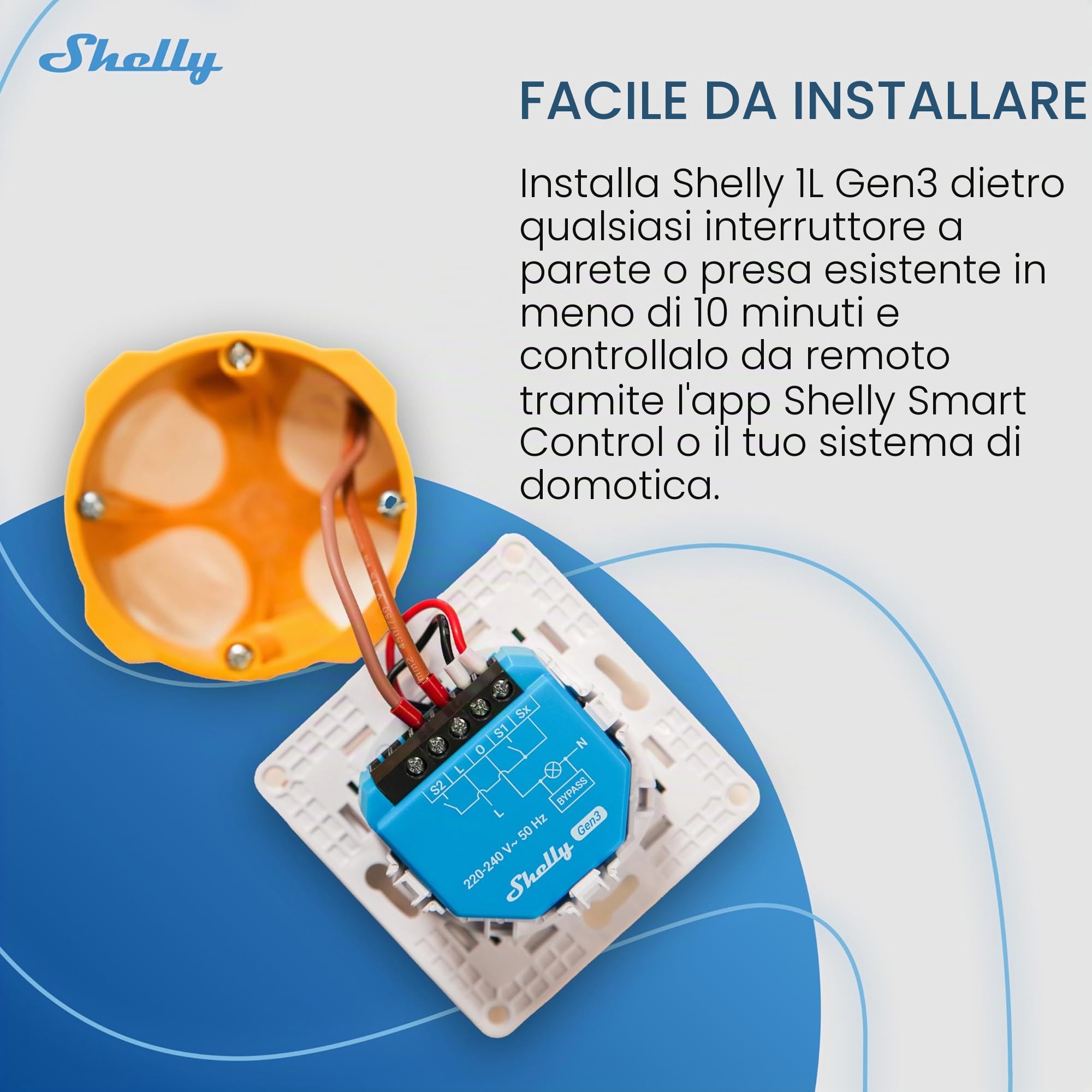 Shelly 1L Gen3 con Bypass - Interruttore Relè Intelligente Wi-Fi & Matter, 1 Canale, 200W Max, Nessun Filo Neutro Richiesto, Controlla Carichi Superiori a 5 W, Alexa & Google, Nessun Hub Richiesto