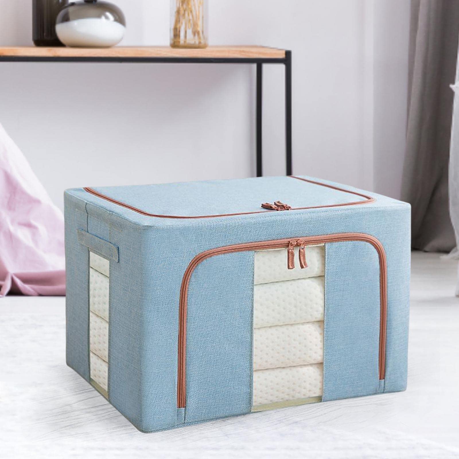 Aufbewahrungstasche/Kleiderbox mit Stabilem Griff, Wasserdichtem Sichtfenster, Geeignet für Schlafzimmer unter Dem Bett, Blau