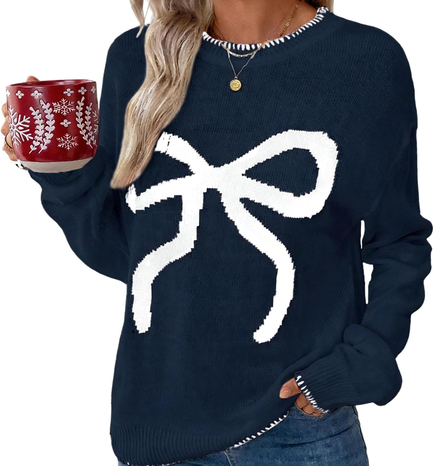 Women Y2k Bow Sweater Oversized Cute Print Long Sleeve Crewneck Knit Pullover Vintage Aesthetic Crochet Fall Jumpers