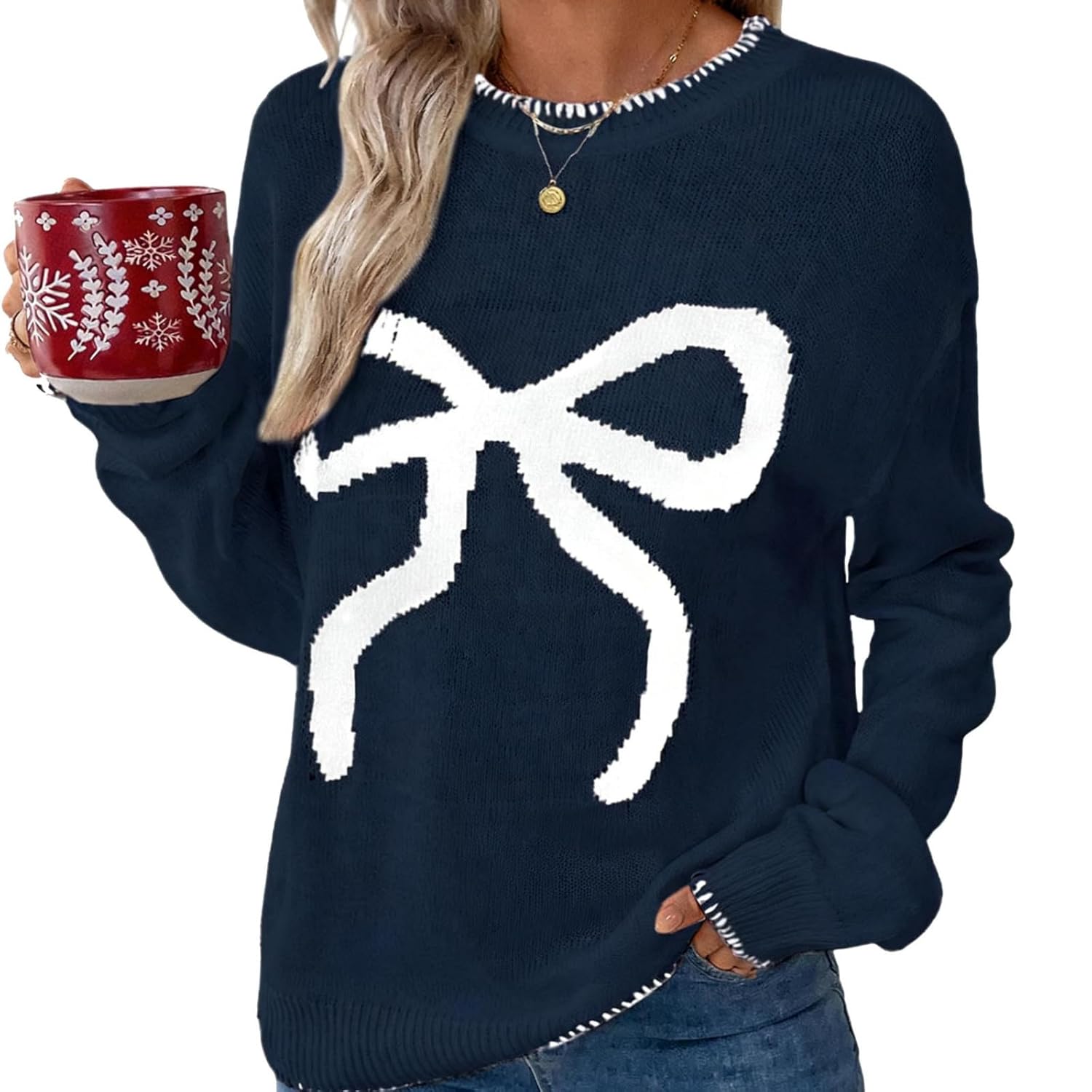 Womens Bow Sweater - Casual Long Sleeve Crewneck Oversized Pullover Sweaters Casual Fashion Winter Knitted Jumper Tops