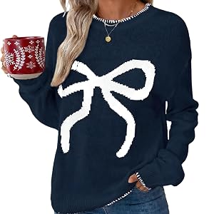 Womens Bow Sweater - Casual Long Sleeve Crewneck Oversized Pullover Sweaters Casual Fashion Winter Knitted Jumper Tops