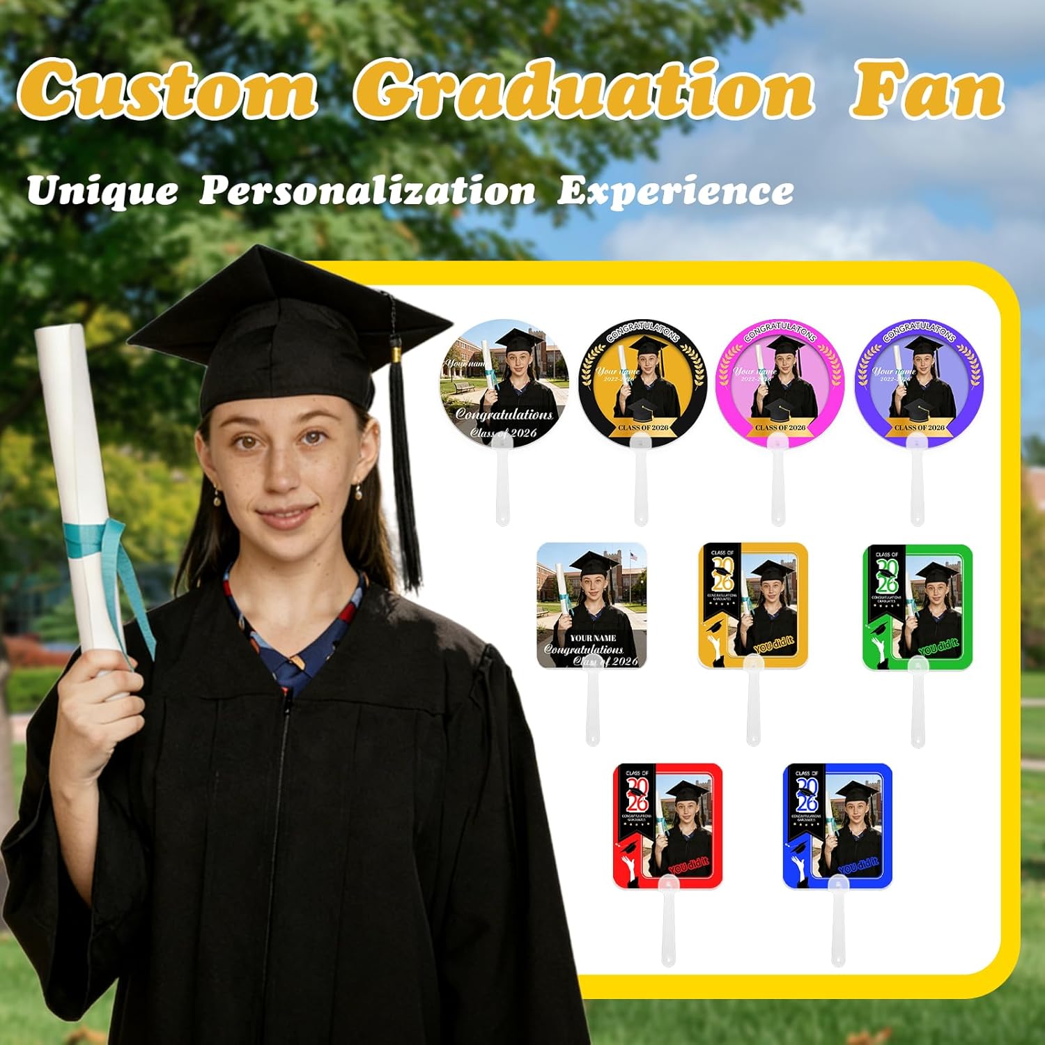 HJX 20Pcs Custom Graduation Fans with Photo Name Bulk, Class of 2026 Personalized Handle Picture Fans for Graduation Party Souvenirs Favors