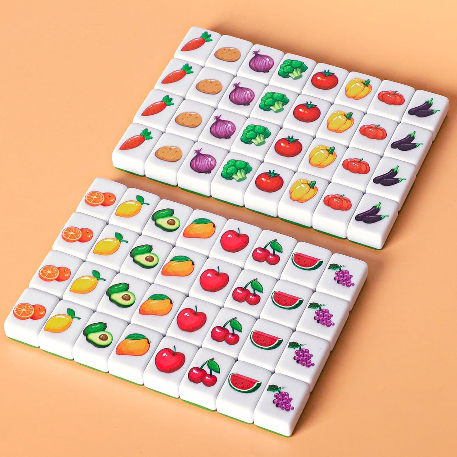 GRACIAS 4 Players Mahjong Block Set, 128 Green Tiles(1.18”) with Animal and Food Pattern, Portable Mahjong Set with A Carry Bag, Mahjong Tile Game