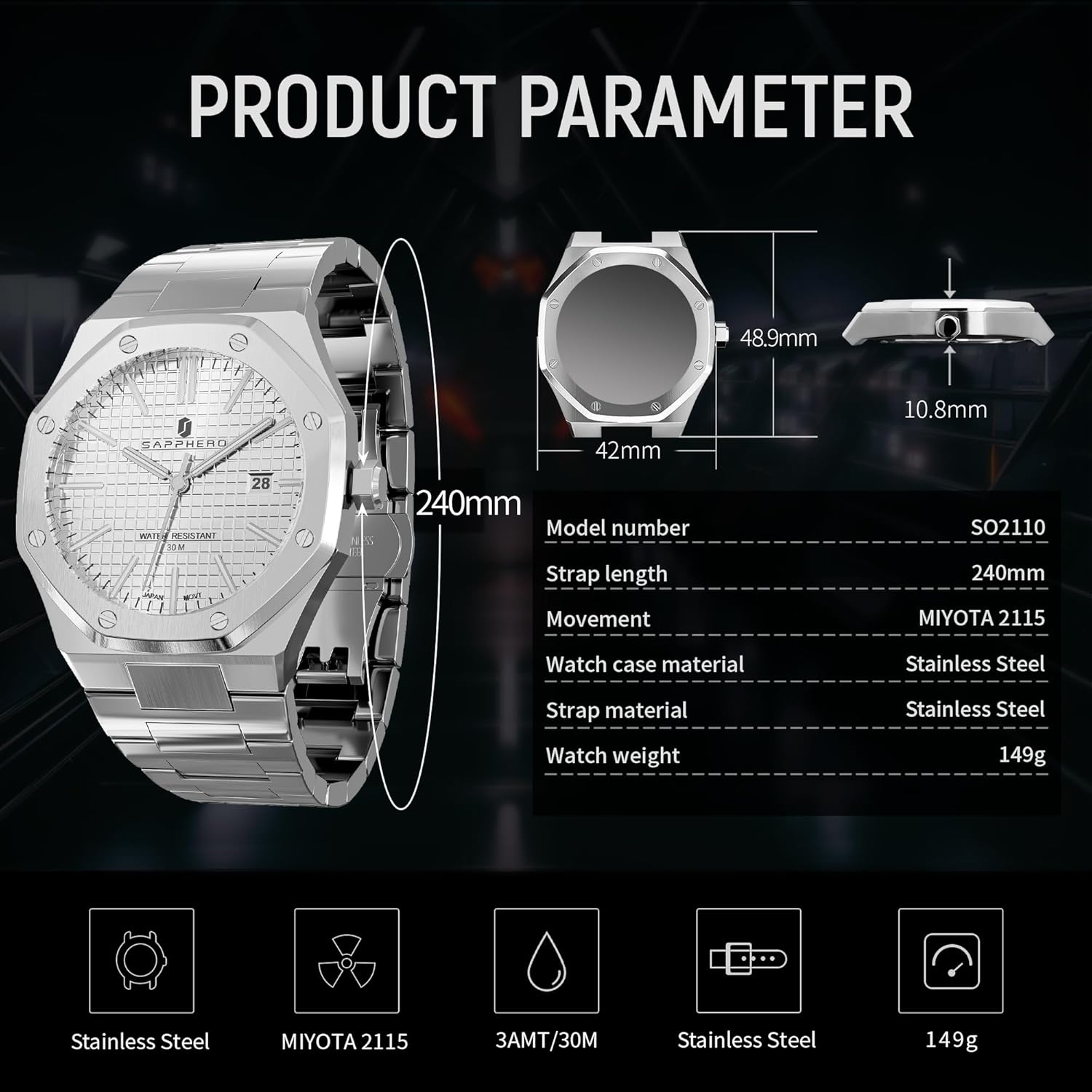 SAPPHERO Mens Watches Stainless Steel Quartz Watch for Men 30M Waterproof Date Clock Fashion Business Wristwatch Gift for Men