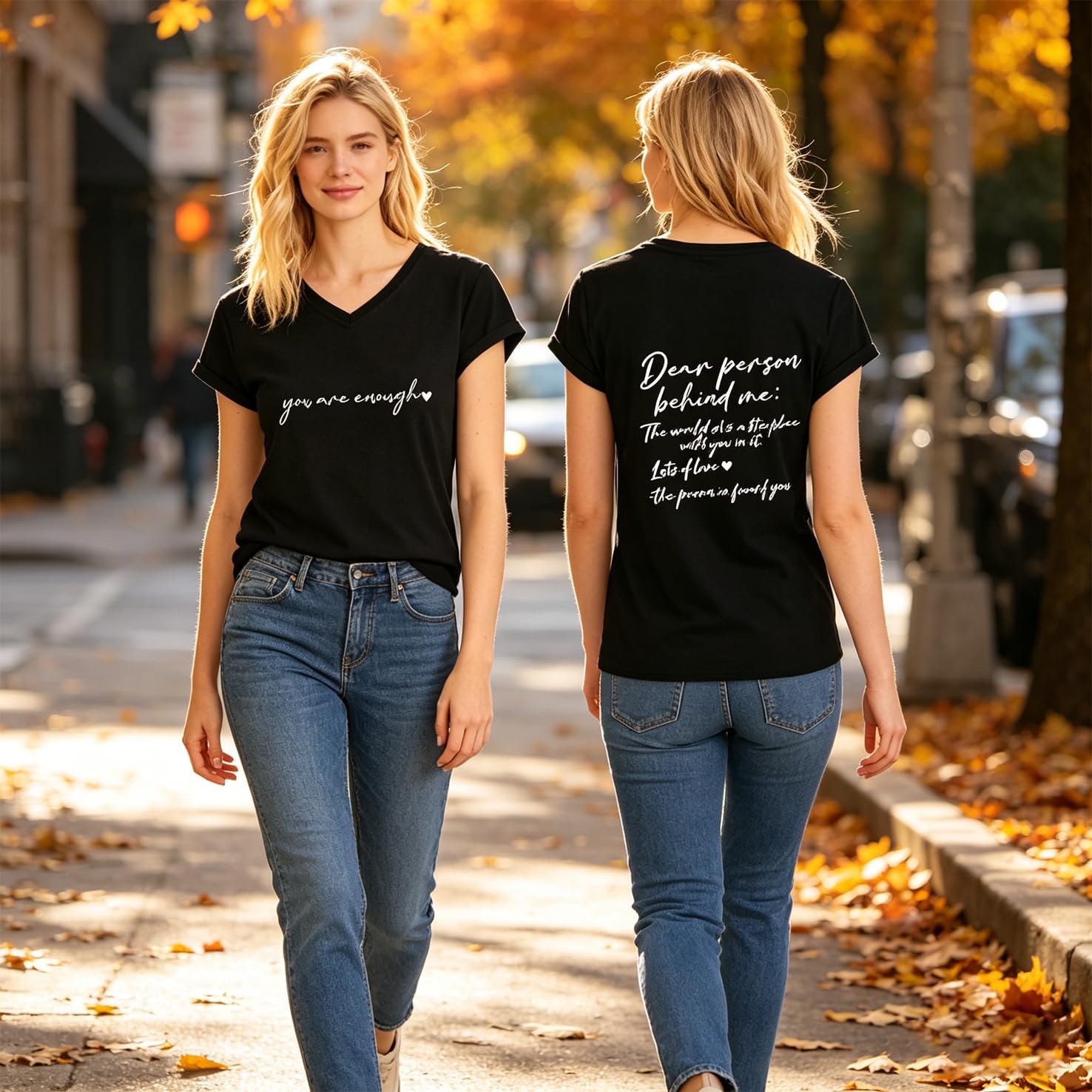 Women's Mental Health V-Neck T-Shirt You are Enough & Dear Person Behind Me Positive Quote Print Casual Tee