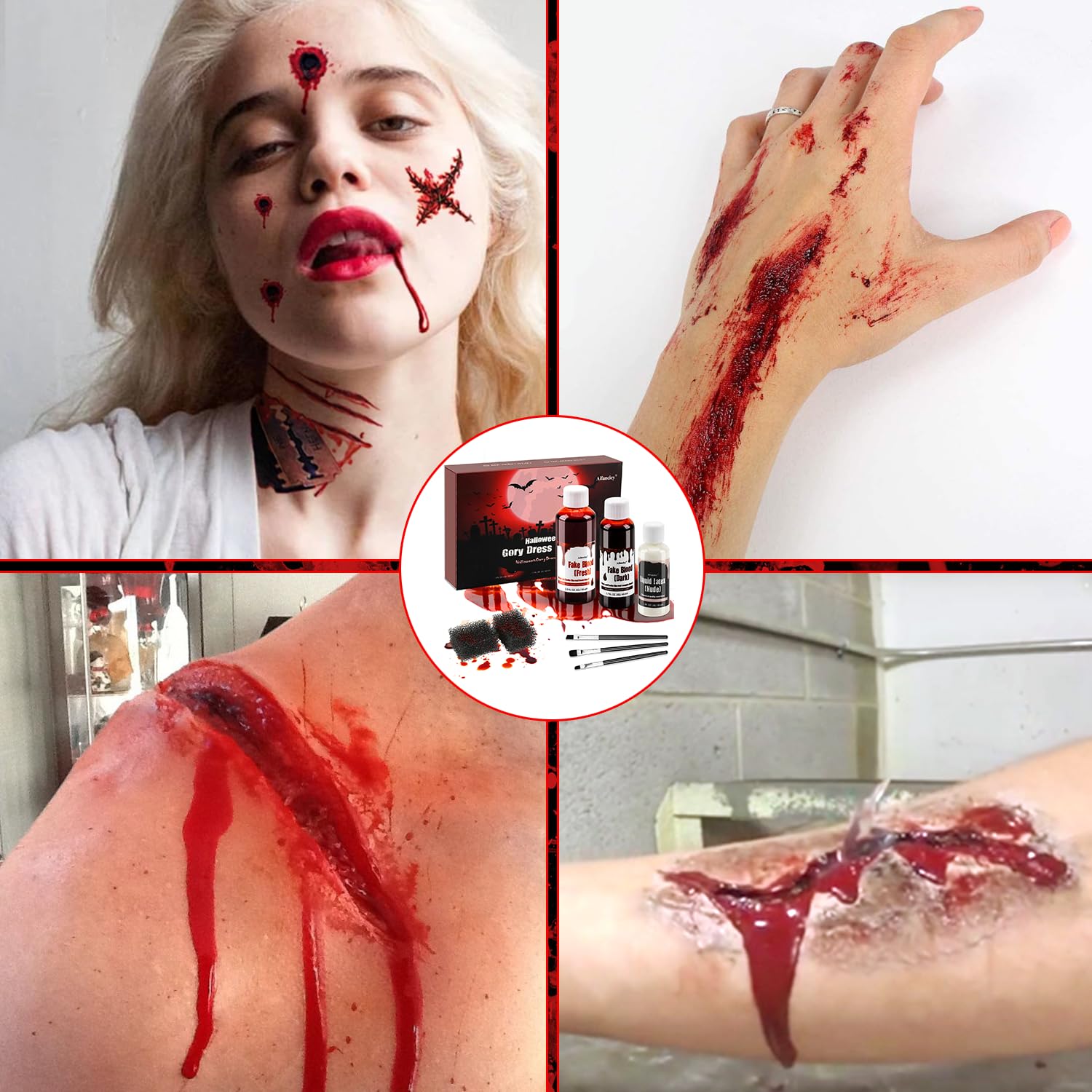 Kunstblut Halloween, 58ml Künstliches Frisches Blut, 48ml dunkelrotes Theaterblut, 28ml Flüssiges Latex, Make-up Pinsel und Schwamm… – Ansicht 7