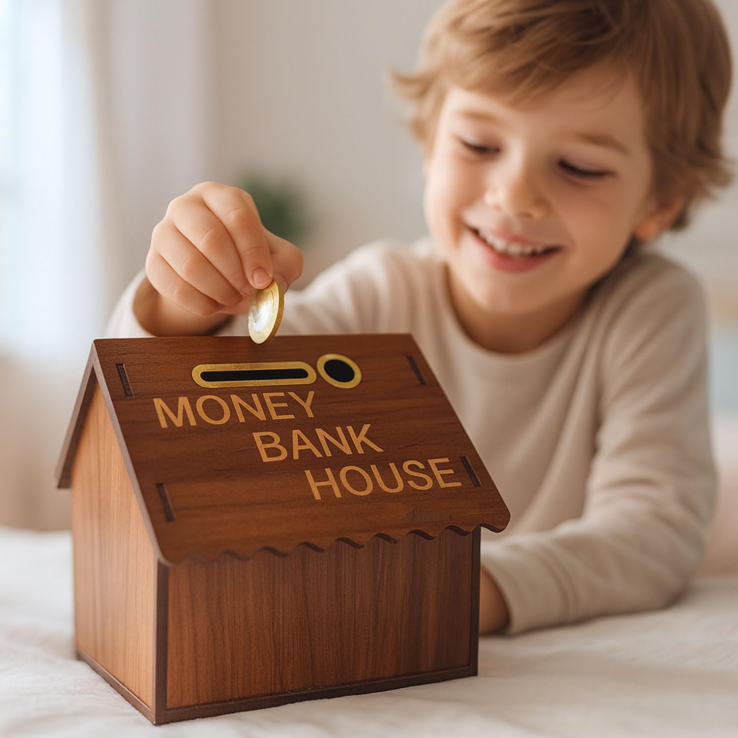 Signamio Wooden Money Saving Box for Adults - House Shaped Piggy Bank 100000, Elegant Money Box for Secure Savings and Home Decor, Durable Wooden Material 3
