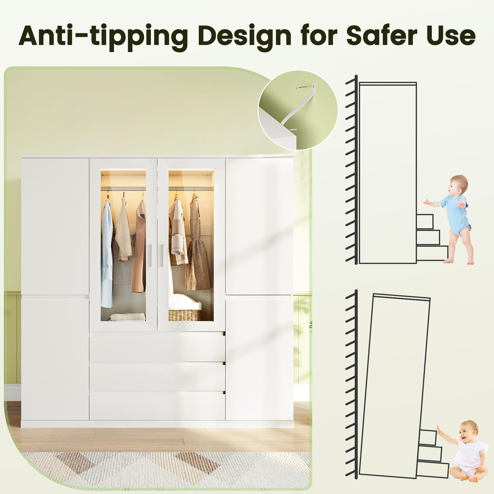 Dripex Sechs Tore Kleiderschrank, 160x48x180cm, 3 Schubladen Wardrobe Closet Weiß