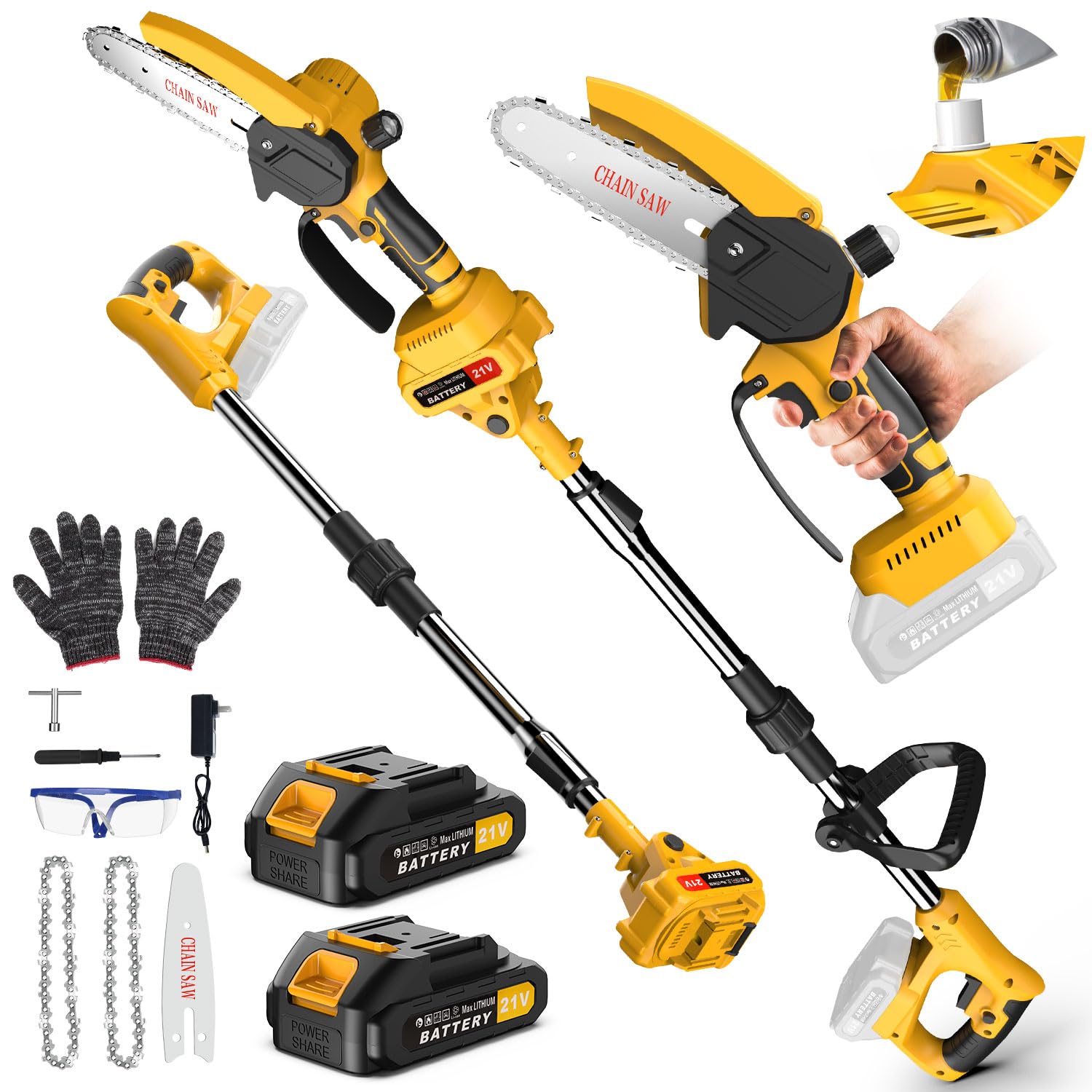 2 in 1 Motosega Telescopica & Mini motosega a Batteria 6 pollisi, Potatore Elettrico con Manico Telescopico Tanica per Olio Sega per Rami a 2Batteries 2000mAh, Adatta per Giardino, Cortile e Fattoria