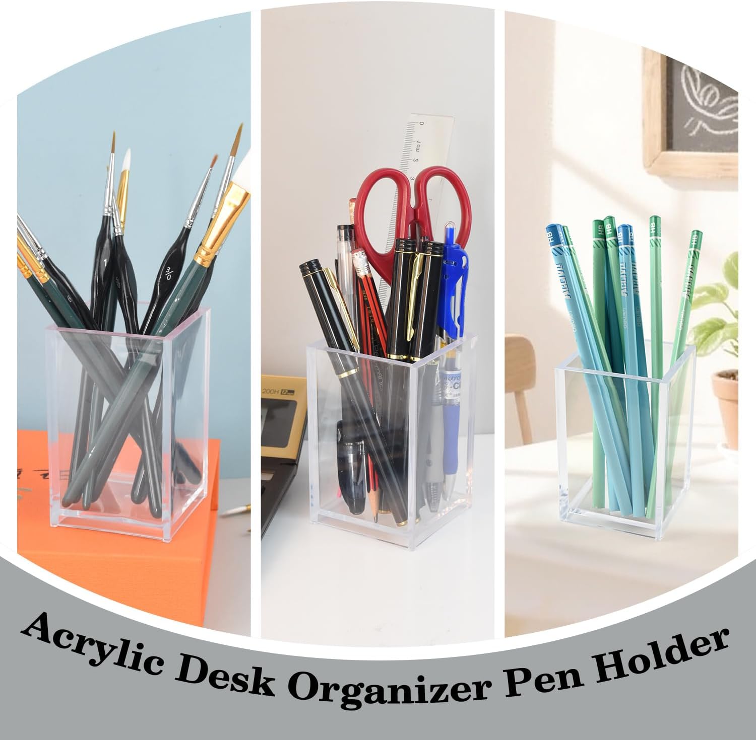 10 Pack Clear Acrylic Pen Holder for Desk, Pencil Cup Makeup Brush Organizer, Square Acrylic Pencil Holders for Office School Home Supplies, Desktop Stationery Organizer for Pens Markers Brushes
