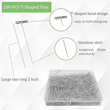 200Pcs T Pins, 2 inch Sewing Pins, Stainless Steel Wig Pin for Wigs, T-pins for Foam Head, Long Straight Pin for Sewing, Craft, Quilting and Blocking Knitting, Office, Decoration by Sunenlyst