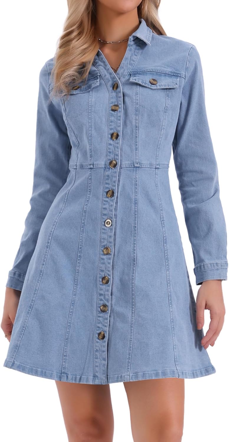 Allegra K Women's Denim Dress Button Down Collar V Neck Long Sleeve A-line Cotton Jean Dress