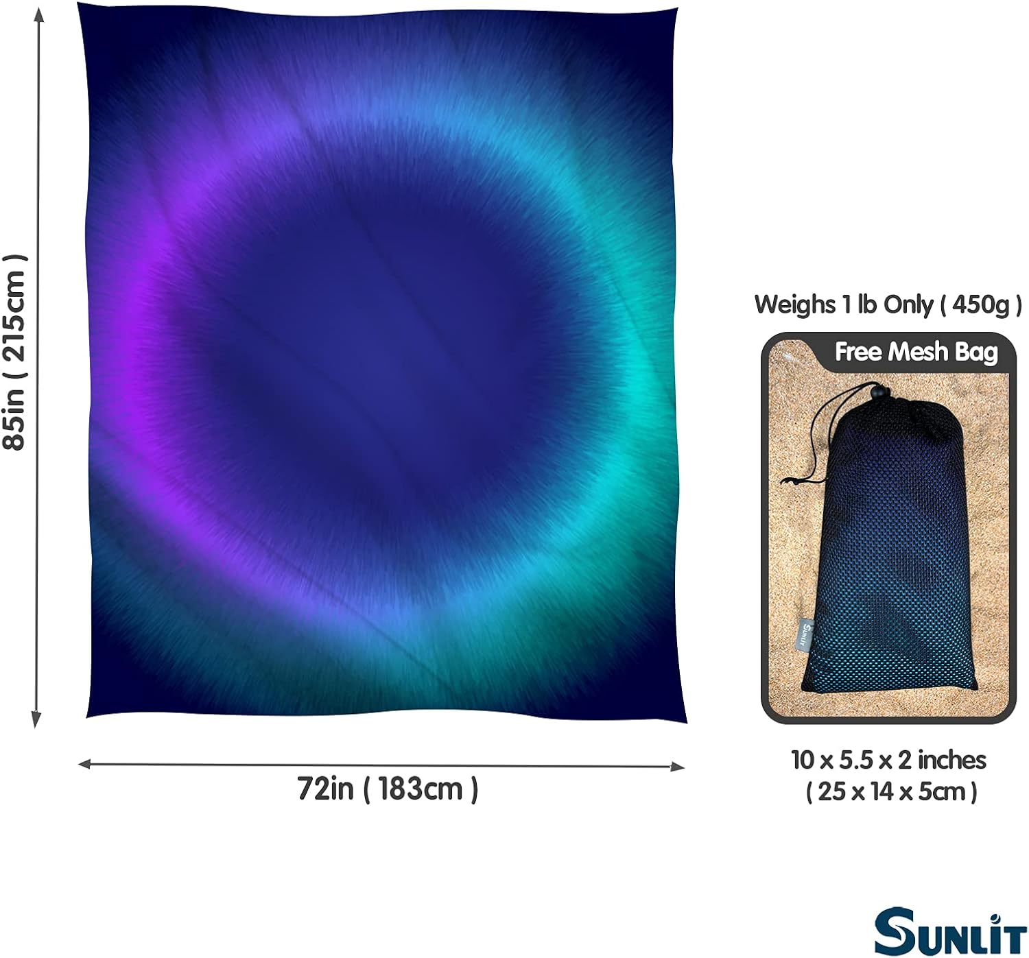 Sunlit Silky Soft 85"x72" Sand Proof Beach Blanket Sand Proof Mat with Corner Pockets and Mesh Bag for Beach Party, Travel, Camping and Outdoor Music Festival, Dark Blue Ring, Black Hole