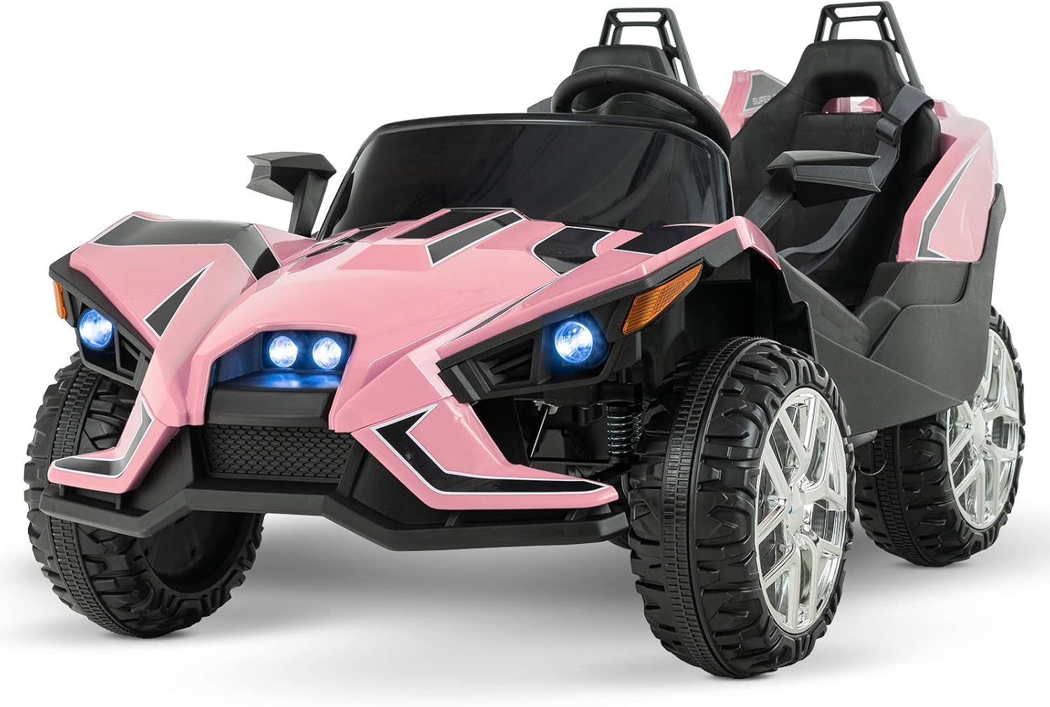 Uenjoy 2 Seats Kids Car 12V Ride On Racer Cars Battery Operated Electric Cars w/ 2.4G Remote Control,Spring Suspension Wheels,4 Speeds,LED Lights,Music,AUX Cord,USB Port,Pink