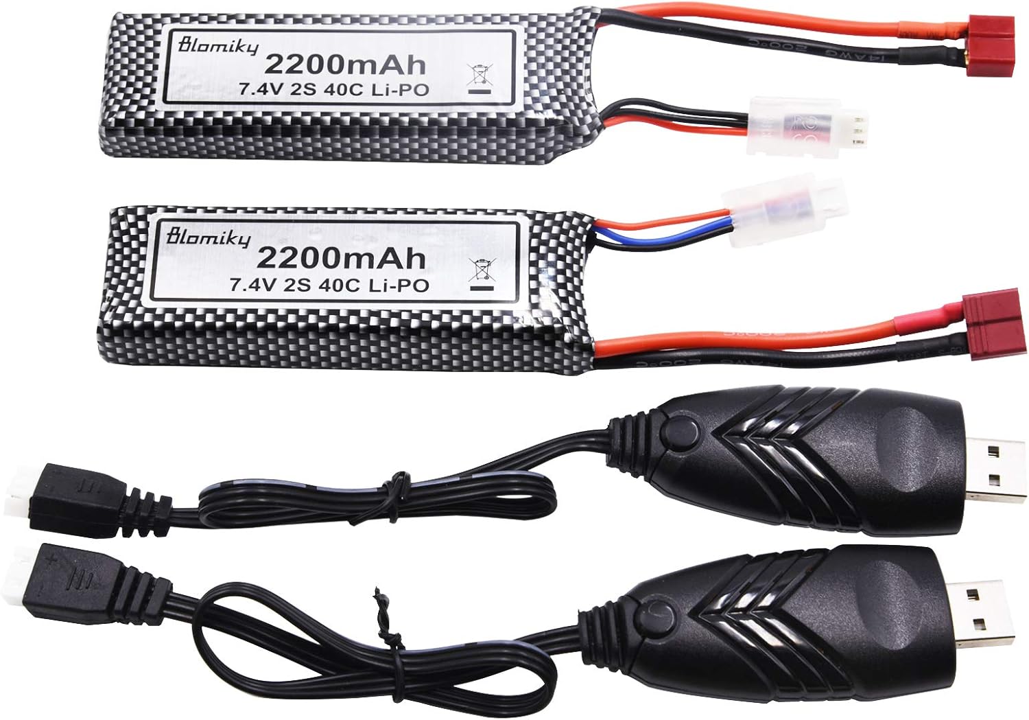 Blomiky 2 Pack 7.4V 2200mAh 16.28Wh Lipo Rechargeable Battery with T Plug and USB Cable fit for 1/8 1/10 Scale WLTOYS 104001 124018 124019 RC Car Truck Helicopter Drone 124019 Battery 2
