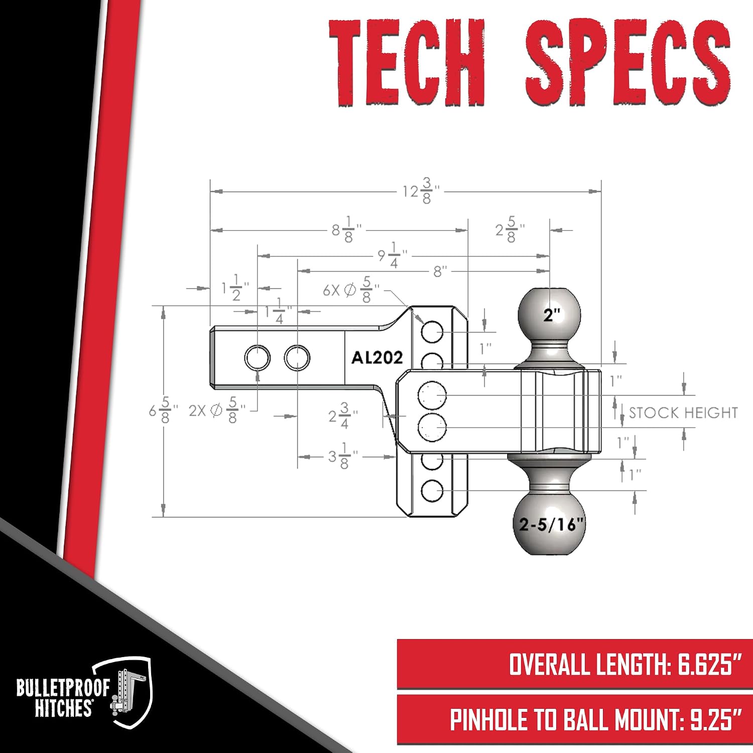 BulletProof Hitches - 2.0" Aluminum Trailer Hitch (14,000 lb. Rating) - Adjustable Hitch with 2" Drop/Rise and 2" & 2-5/16" Stainless Steel Dual Ball - Corrosion-Resistant Tow Hitch