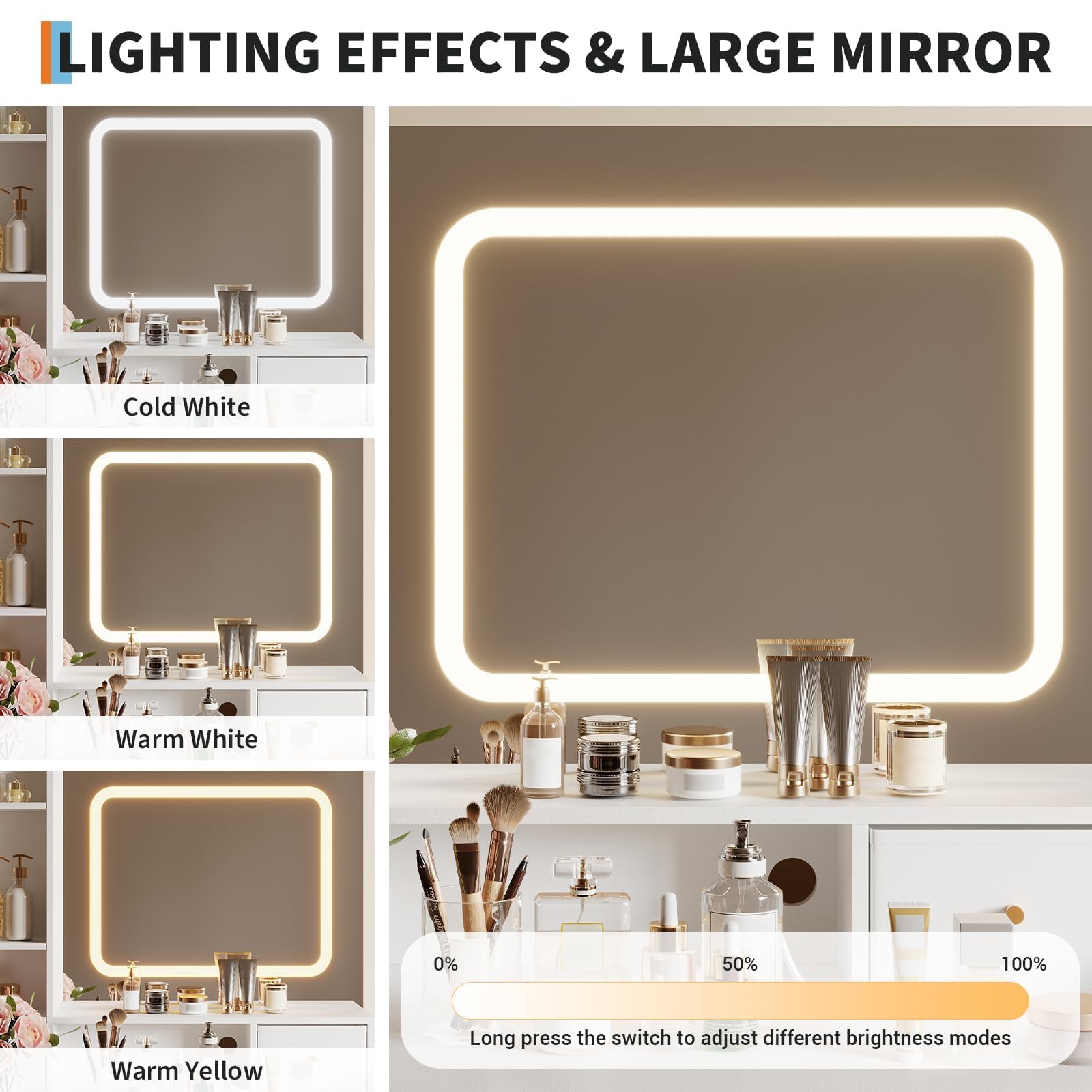 Zstar Schminktisch Mit Spiegel, Frisiertisch/Schminktisch Mit LED-Beleuchtung(3 Lichtfarben), Schubladen, Offene Fächer, Hocker–Moderner Frisierkommode/Schminkkommode Für Schlafzimmer-Weiß1