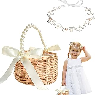 Flower Girl Basket & Flower Girl Headpiece Set, Handwoven Wicker Rattan Small Flower Girl Basket with Pearl Handle Ribbon Bow Plastic Liner, Wedding Flower Girl Hair Accessory Pearl Headband for Women