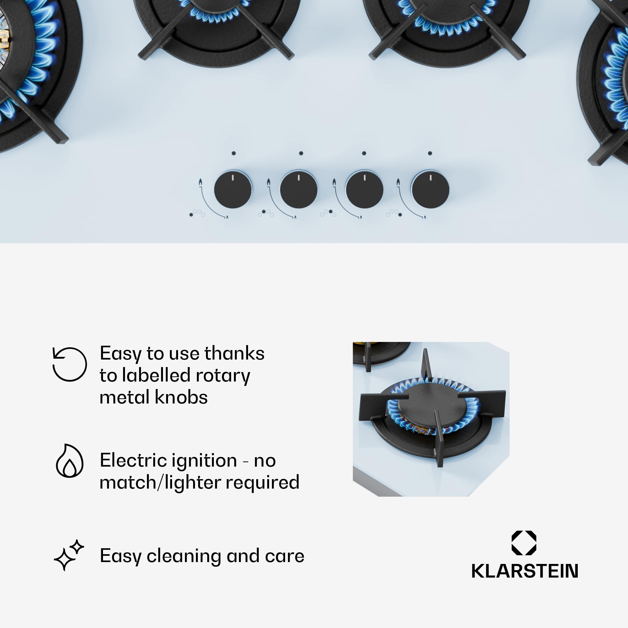 Klarstein Goldflame 4 Slim Płyta gazowa, 4 palniki mosiężne, 3,4kW, 2,4kW, 1,8kW, 1kW, Zapłon SnapJet, Zabezpieczenie przeciwwypływowe, Gaz płynny i ziemny, Biała, W zestawie wąż i reduktor