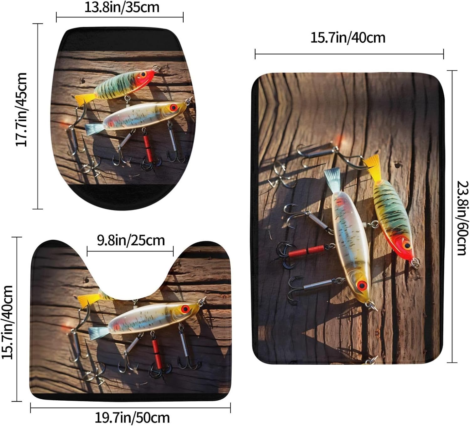 JCAKES Fishing Lure Print 3 Piece Bathroom Rugs Set Non-Slip Washable Cover Floor Rug Decorations for Kitchen Bathroom Bedroom