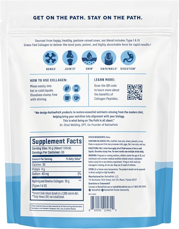 NativePath Collagen Peptides Stick Packs Hydrolyzed Type 1 & 3 Grass-Fed Collagen Protein for Hair, Skin, Nails & Joints Unflavored Travel Packets, Keto & Paleo, 30 Count