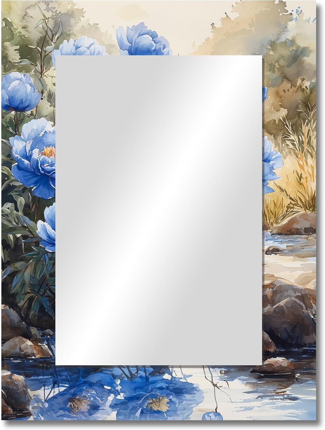 DesignQ - The River Within Cornflower Blue Peonies III - Traditional Rectangle Wall Mirror - Peonies Large Bathroom Vanity Mirror Wall Art Print on Metal, 24" W x 32" H