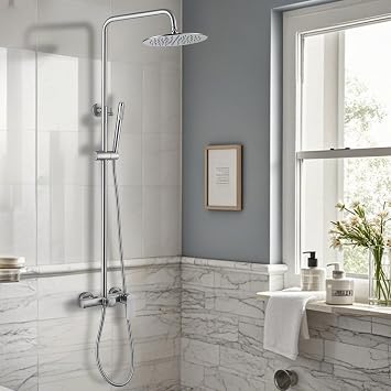 RBROHANT Exposed Shower System with Tub Spout, Brushed Nickel Exposed Pipe Shower Faucet with 3 Functions Brass Shower Valve, Shower Height Adjustable, Wall Mounted