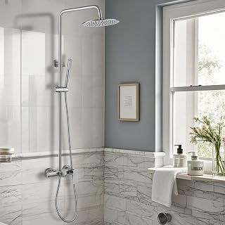 RBROHANT Exposed Shower System with Tub Spout, Brushed Nickel Exposed Pipe Shower Faucet with 3 Functions Brass Shower Valve, Shower Height Adjustable, Wall Mounted