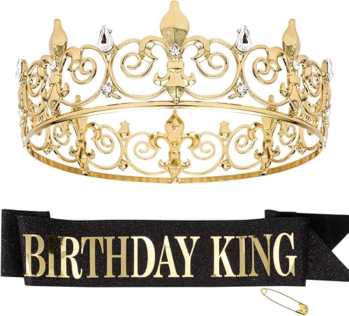 Decoraciones de feliz cumpleaños para hombres, corona de rey de cumpleaños y banda de cumpleaños para hombres, corona de cumpleaños y banda negra y