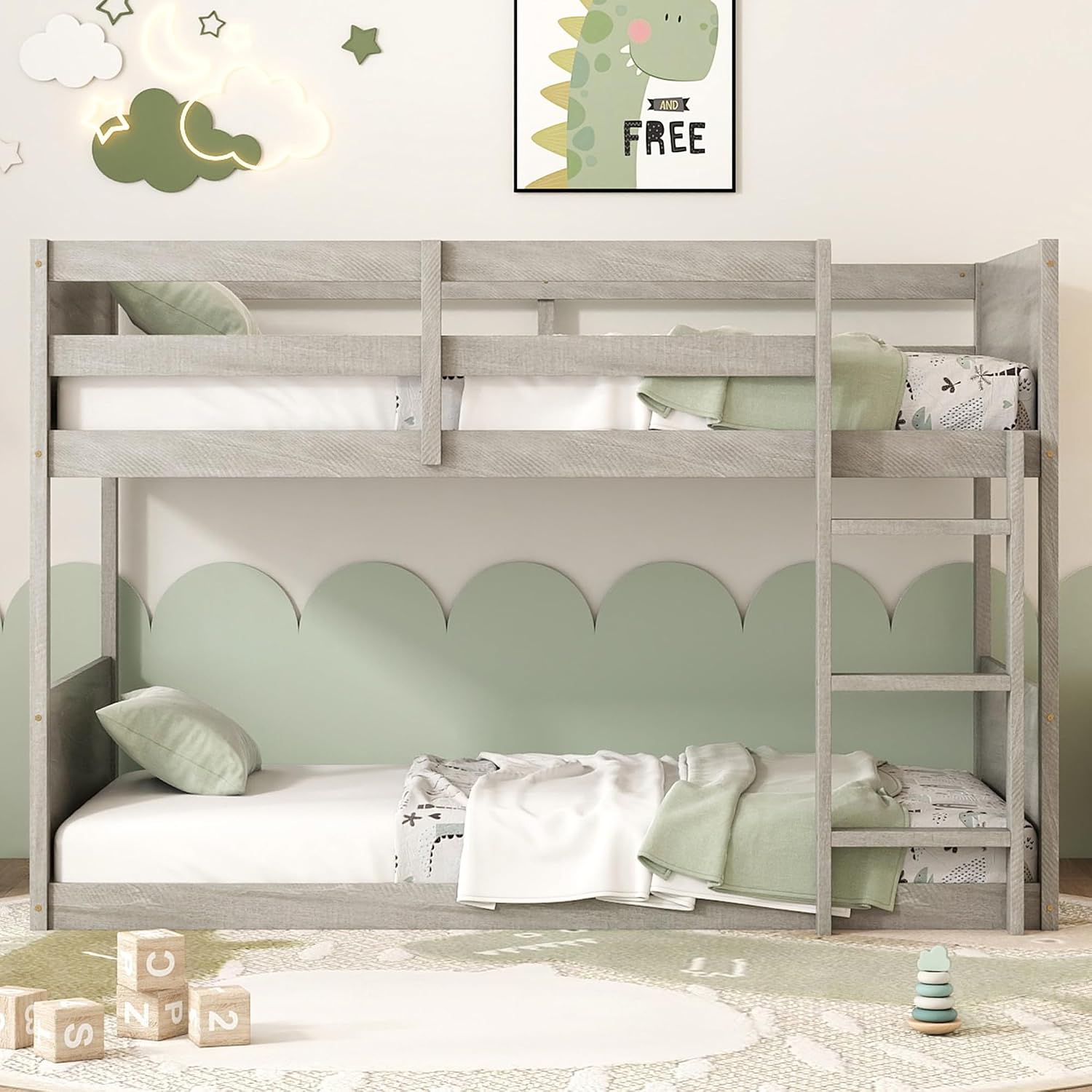 Bellemave Low Bunk Beds Twin Over Twin with Built-in Ladder and Raised Guardrails, Solid Wood Bunkbed Low Bunk Bed No Box Spring Needed, Twin Bunk Beds for Kids, Teens, Boys Girls(Antique White)