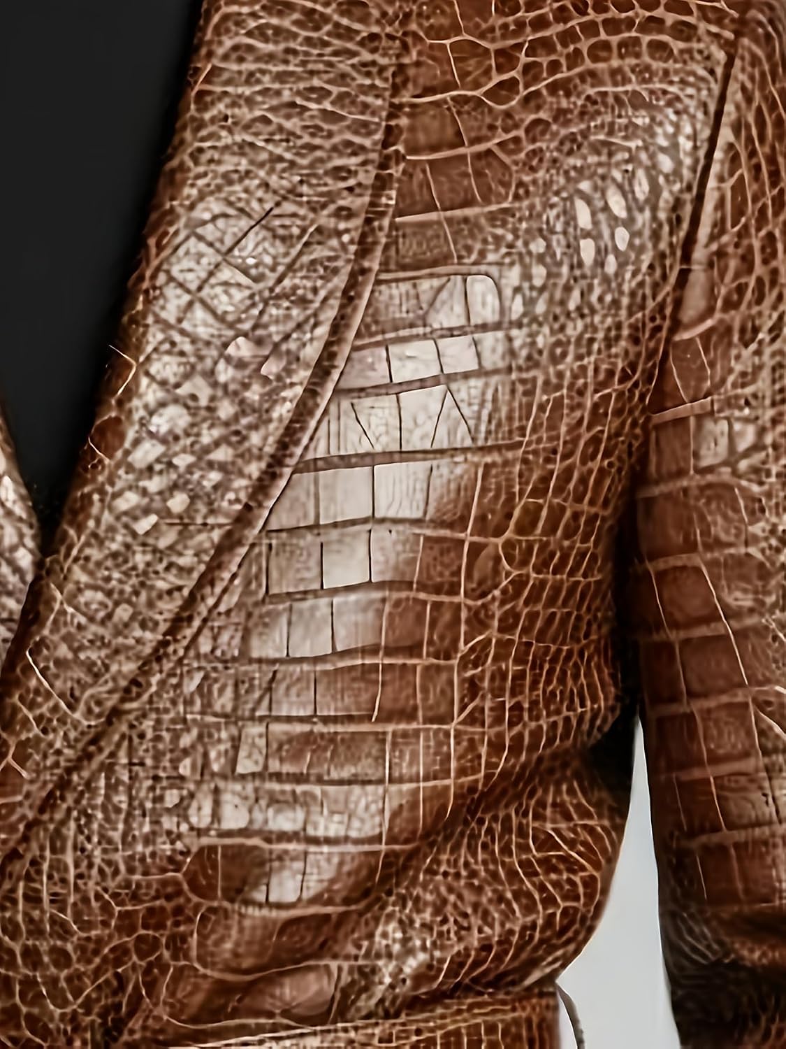 VENNYNG Men's Crocodile Pattern PU Leather Short Coat Double Breasted Faux Alligator Jacket with Belt