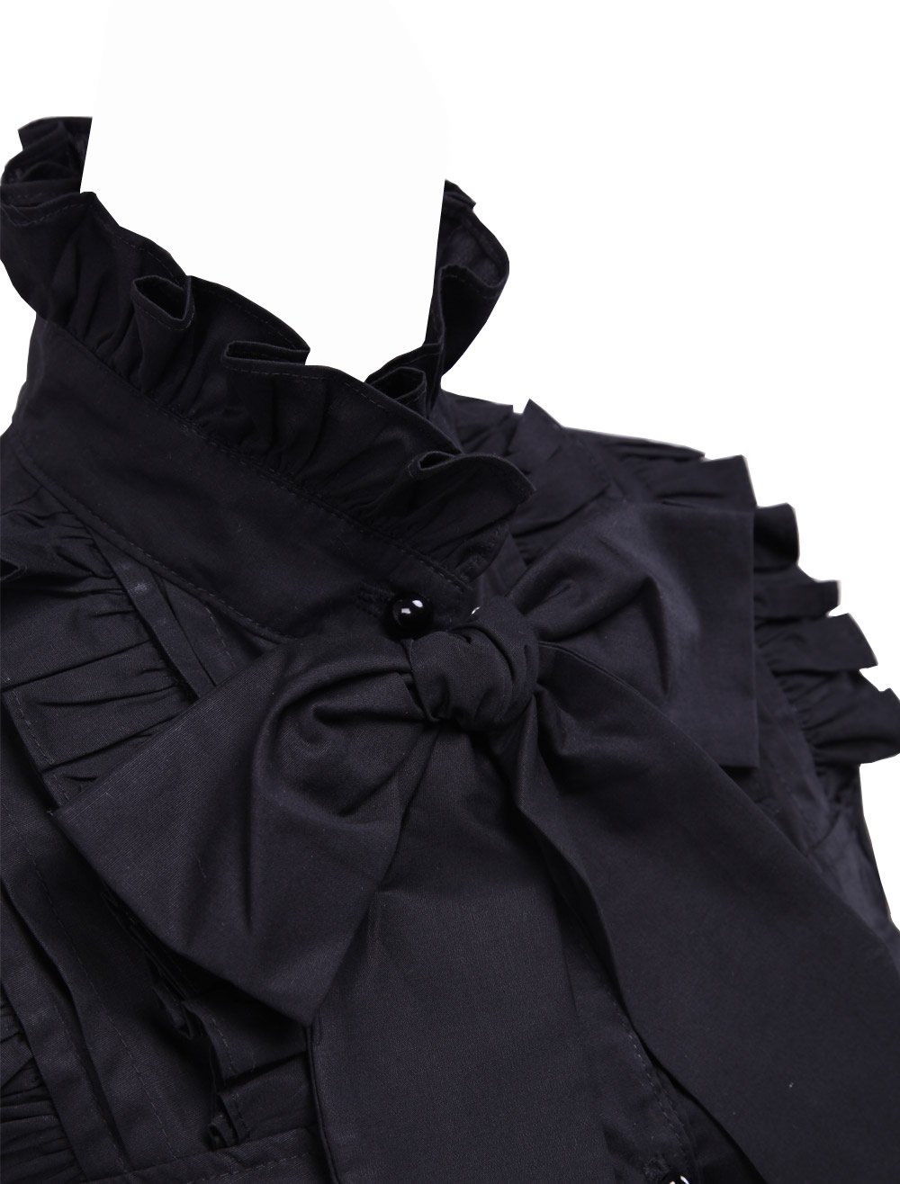 an*tai*na* Camicia Tradizionale Lolita con Colletto rialzato in Cotone Nero con Arricciatura in Pizzo e Fiocco