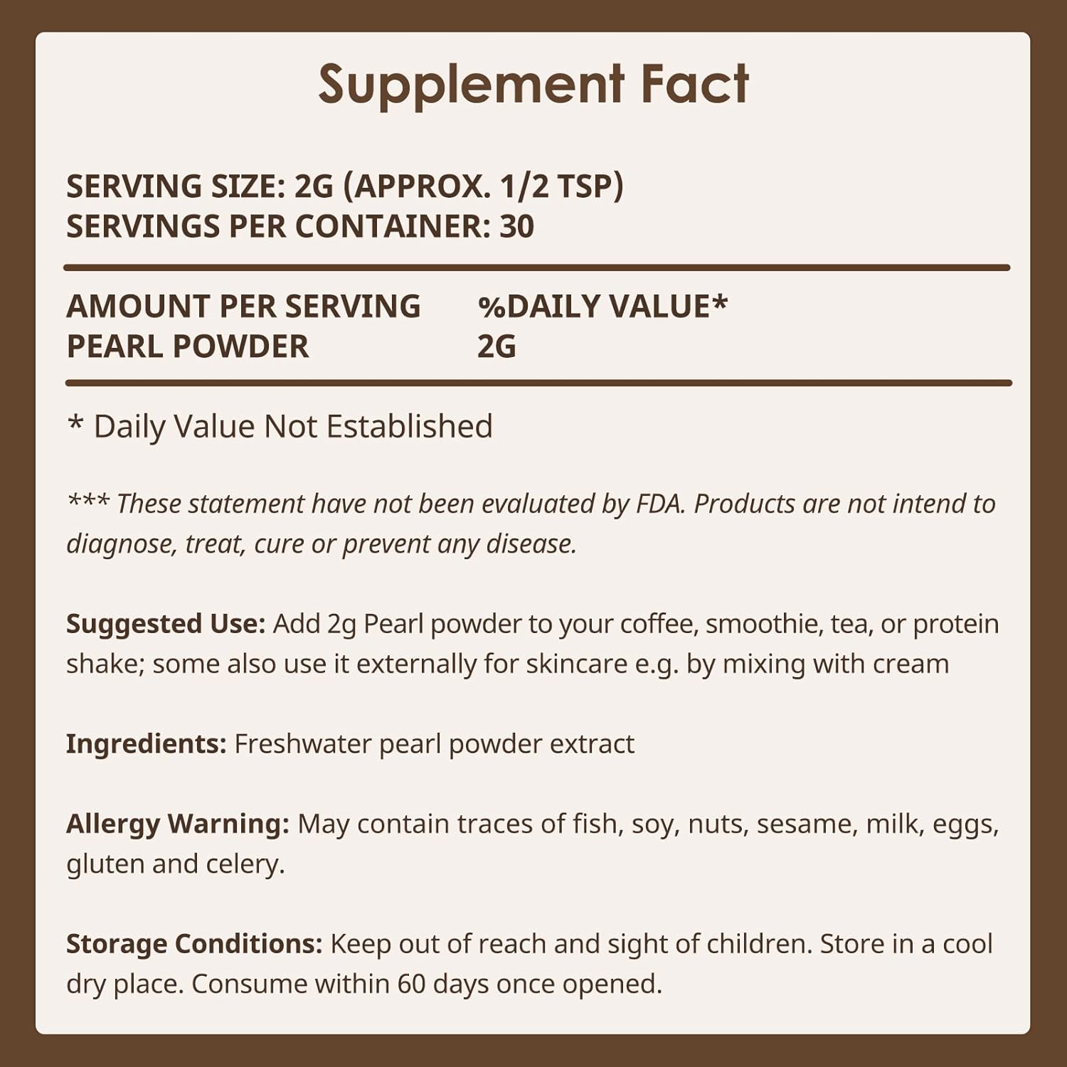 Pure Pearl Powder | 60 Grams |100% Natural Ingredients from Fresh Water | Non-GMO | Dietary Supplement with Calcium & Amino Acids (30 Servings)