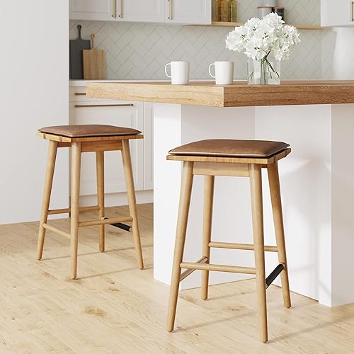 Miniatura 3 de Nathan James Barker Taburete de Bar Clásico de Altura de Mostrador de Madera con Cojín Extraíble de Cuero, Taburete de Bar de Isla sin Respaldo de