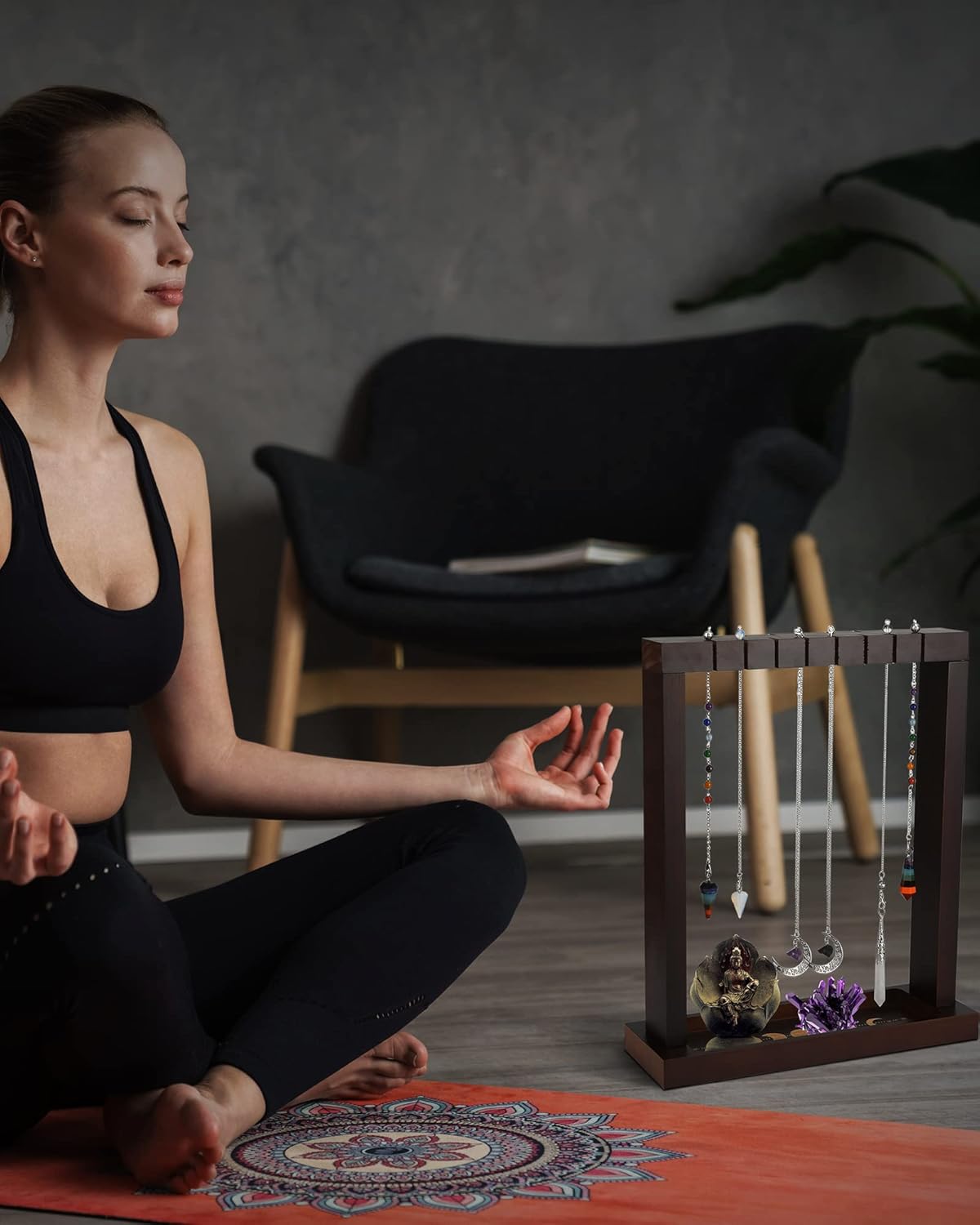 Moon Phase Square and Round Pendulum Display Stand with Tray, Wood Wiccan Crystal Holder, Witchcraft Supplies Witch Organizer for Necklace Healing Stone Rack