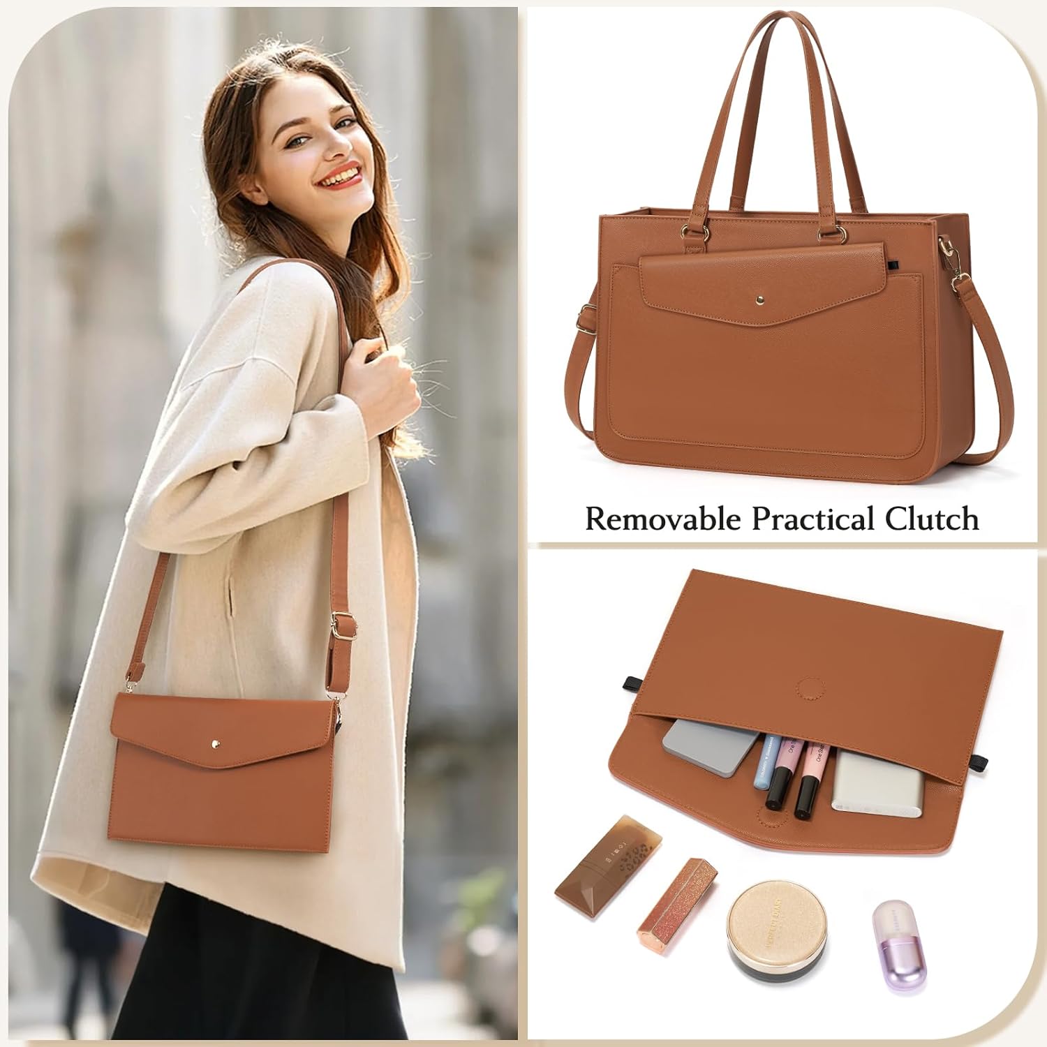 RAINSMORE Laptop Bag for Women 15.6 Inch Work Tote Bags Leather Laptop Tote Waterproof Computer Bag Professional Office Business Briefcase Large Handbag for College Teacher Travel, Brown - Image 2