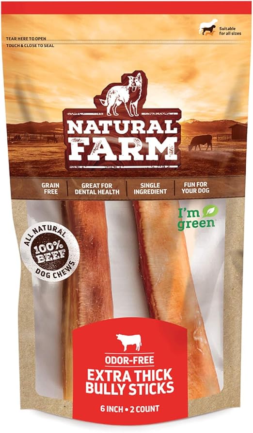 Natural Farm OdorFree Jumbo Bully Sticks, (6 Inch, 2 Pack